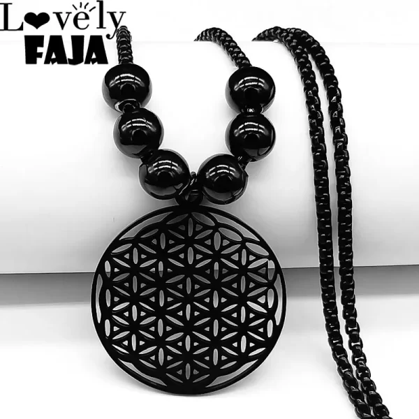 Collares de Mandala Metatrón de acero inoxidable con flor de la vida, joyería larga de cuentas negras de geometría sagrada, flor de la vida, 2023 - AliExpress 36