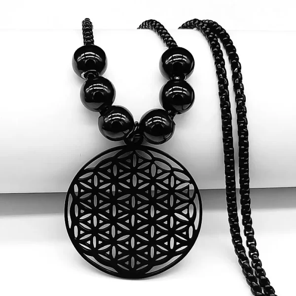 Collares de Mandala Metatrón de acero inoxidable con flor de la vida, joyería larga de cuentas negras de geometría sagrada, flor de la vida, 2023 - AliExpress 36 - Image 3